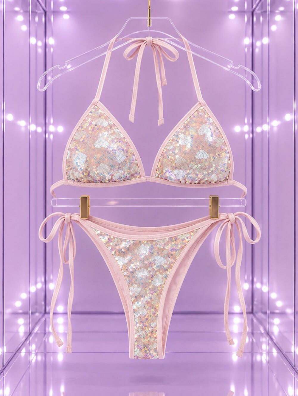 Sequin Triangle Tie-Side Bikini — Pink